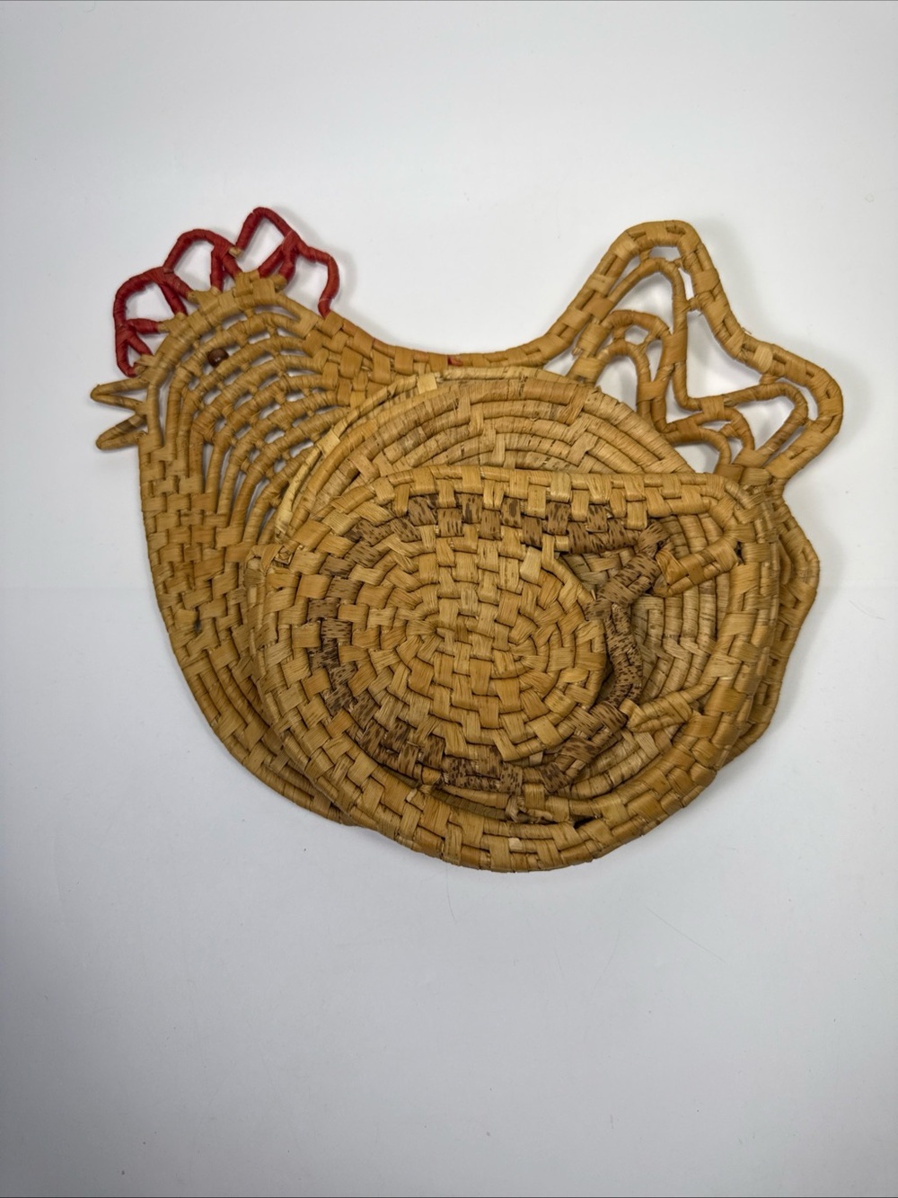 Woven Chicken wall hanging 3 trivet - Natural Straw with Red Accent